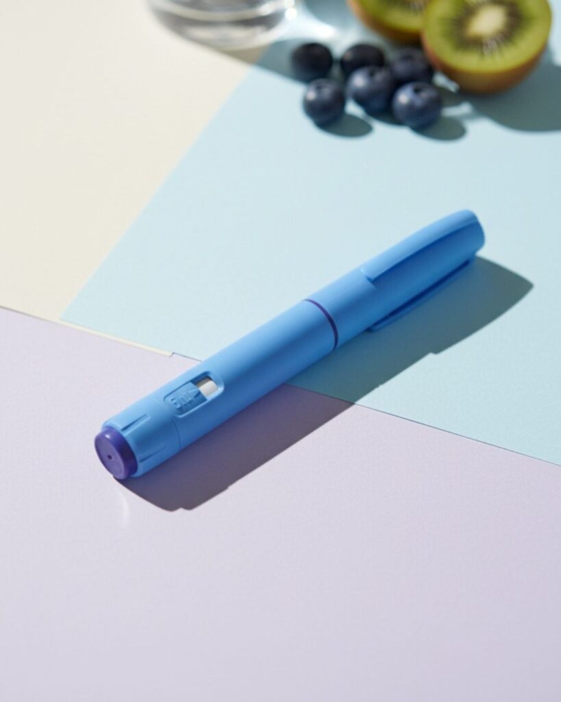 Moderner GLP-1 Abnehmspritzen-Pen auf hellem Hintergrund mit Früchten – Symbolbild für Wirkung, Kosten und Erfahrungen mit Abnehmspritzen