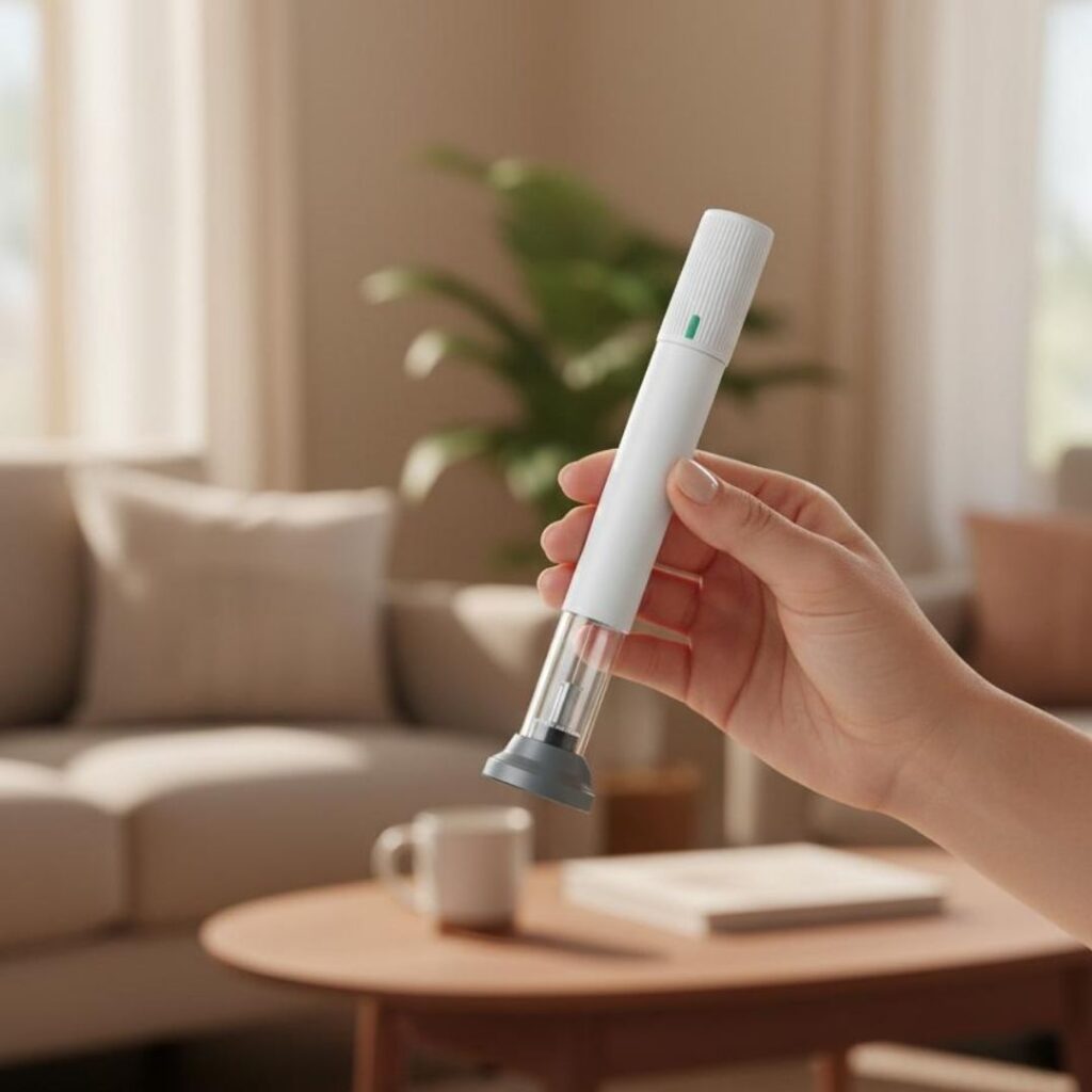 Hand hält Abnehmspritze Pen im Wohnzimmer – Symbolbild für moderne GLP-1 Medikamente zum Abnehmen