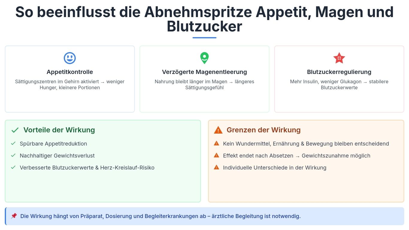 Infografik: Wirkung der Abnehmspritze auf Appetitkontrolle, Magenentleerung und Blutzuckerregulierung – erklärt am Beispiel von Ozempic, Wegovy und Mounjaro