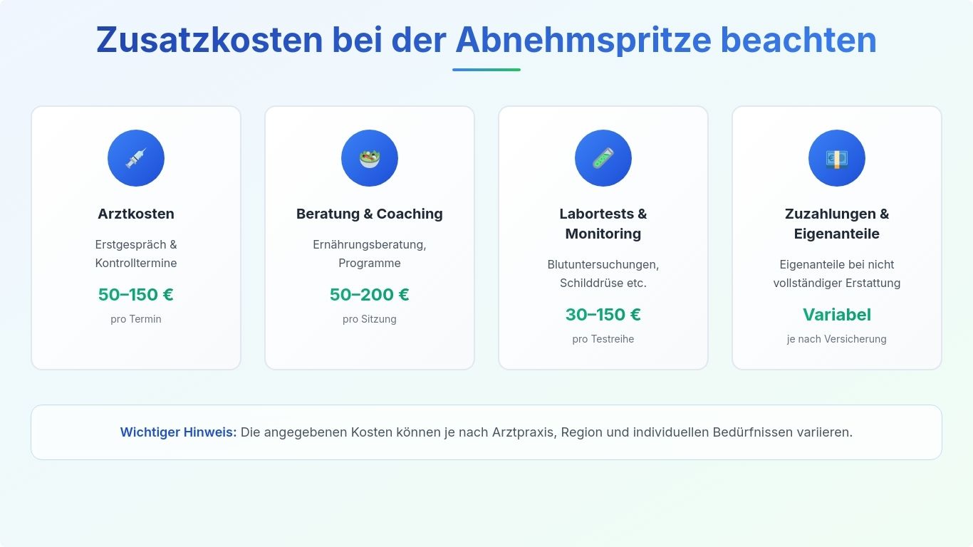 Infografik zu den Zusatzkosten bei der Abnehmspritze: Arztkosten, Beratung & Coaching, Labortests sowie Zuzahlungen und Eigenanteile