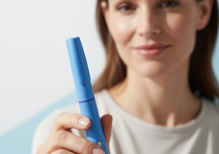 Frau hält blaue Abnehmspritze in der Hand – moderne Behandlungsmethode zur Gewichtsreduktion