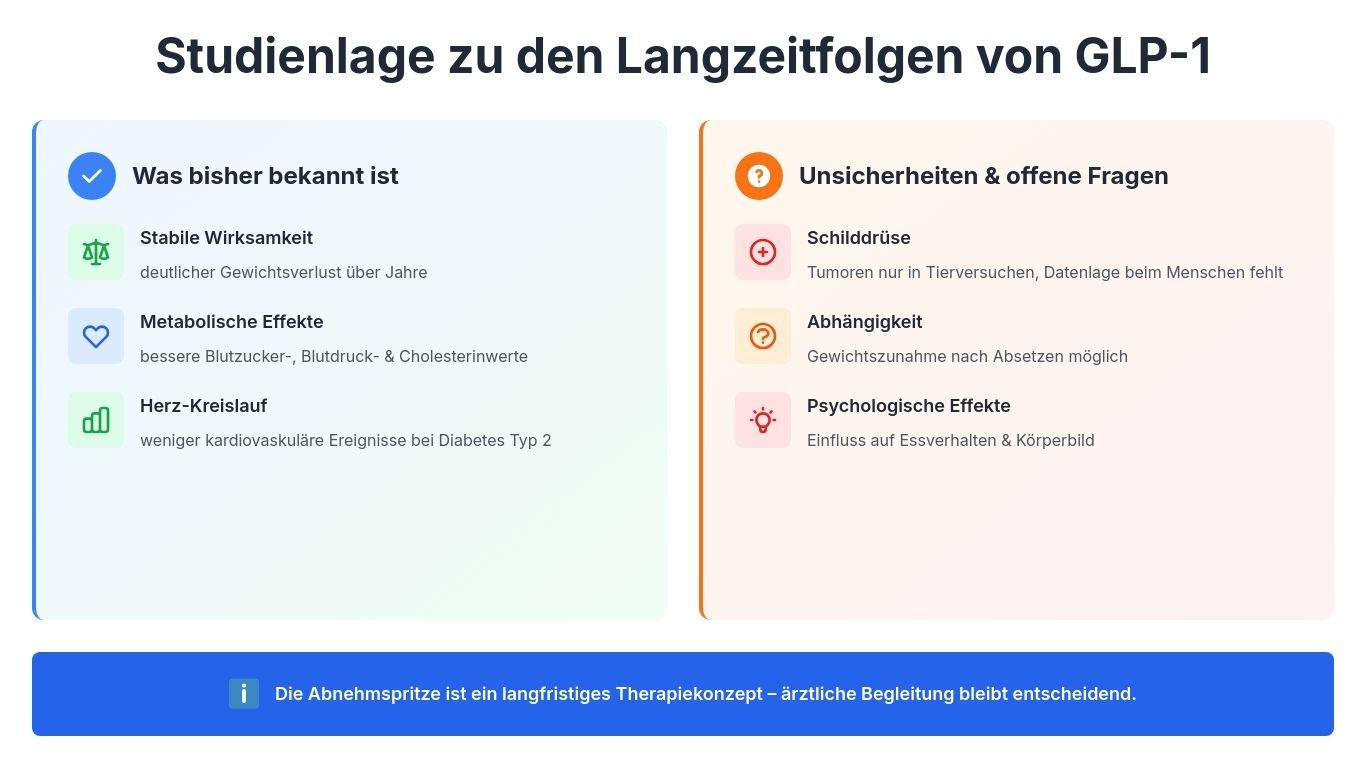 Querformat-Infografik: Langzeitfolgen von GLP-1 Abnehmspritzen – links bekannte positive Effekte wie Gewichtsverlust, bessere Blutzuckerwerte und Herz-Kreislauf-Vorteile; rechts offene Fragen wie Schilddrüse, Abhängigkeit und psychologische Effekte