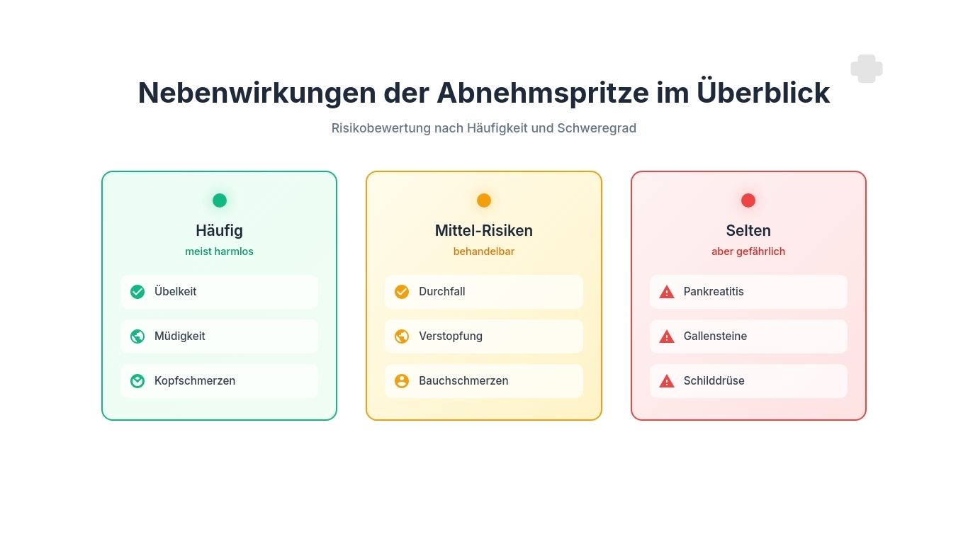 Infografik zu Nebenwirkungen der Abnehmspritze: Häufige Beschwerden, mittlere Risiken und seltene, ernste Gefahren im Ampel-System
