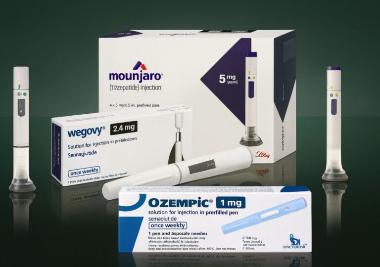 Vergleich der Abnehmspritzen Ozempic, Wegovy, Mounjaro, Saxenda und Rybelsus mit Packungen und Injektionspens