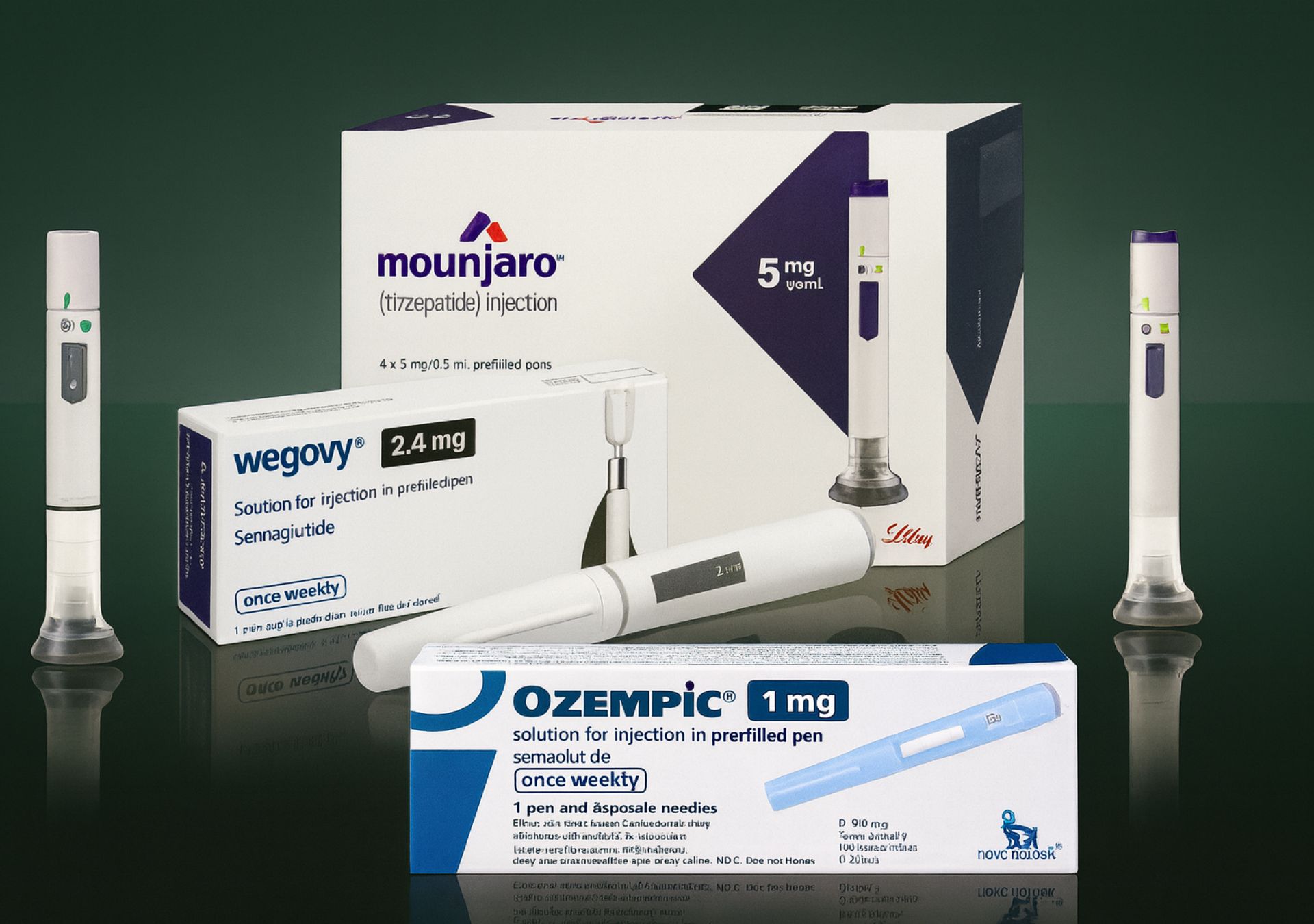 Vergleich der Abnehmspritzen Ozempic, Wegovy, Mounjaro, Saxenda und Rybelsus mit Packungen und Injektionspens