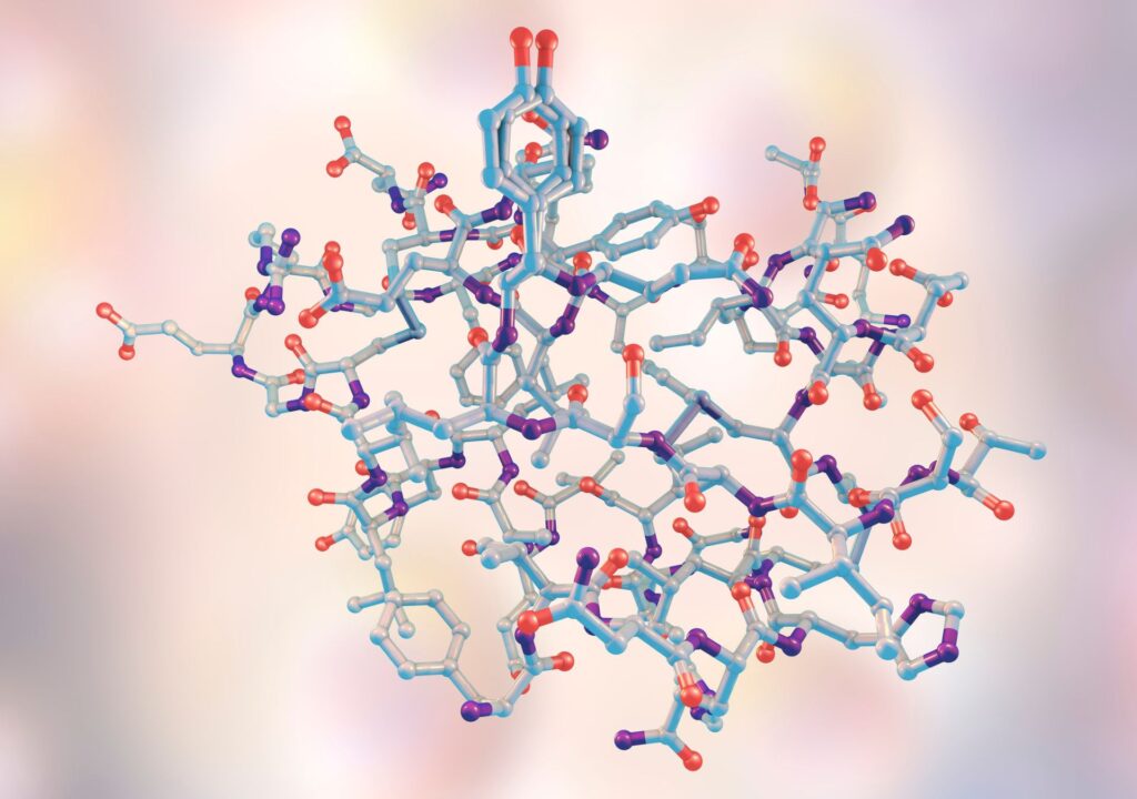 3D-Molekülstruktur von Tirzepatid, dem Wirkstoff von Mounjaro, einem GLP-1/GIP-Agonisten zur Regulierung von Blutzucker und Hungergefühl