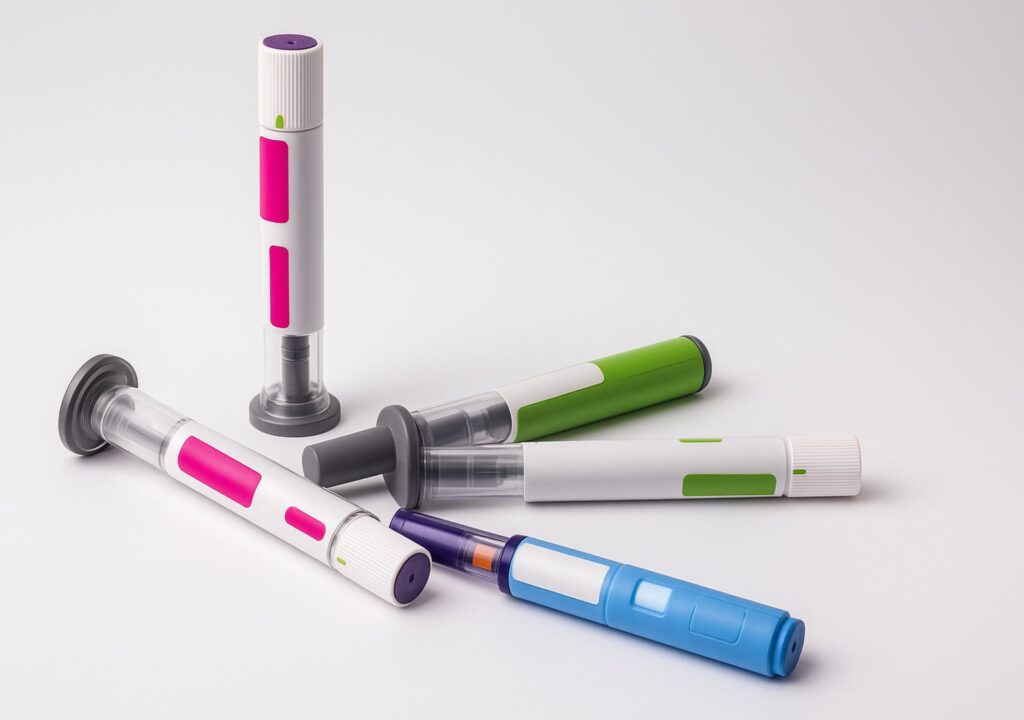 Abnehmspritze Pens in verschiedenen Farben – medizinischer Hintergrund moderner GLP-1 Medikamente