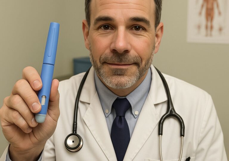 Arzt zeigt Abnehmspritzen-Pen – seriöse medizinische Beratung zu Kosten und Preisen 2025