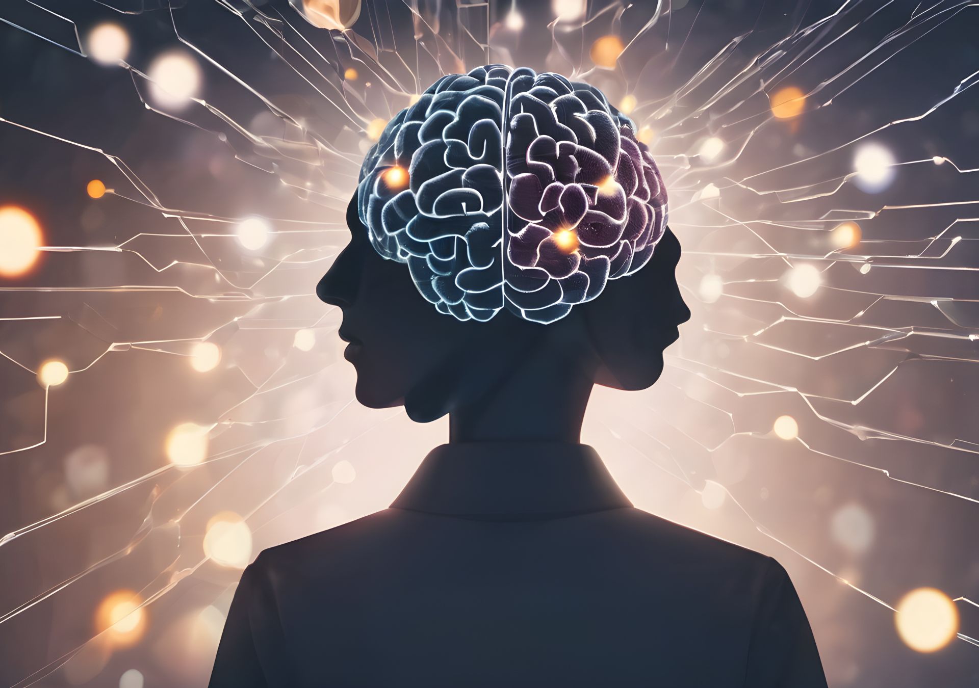 Illustration eines Gehirns mit neuronalen Verbindungen, die zeigen, wie GLP-1-Medikamente das Belohnungssystem und Suchtverhalten im Gehirn beeinflussen.